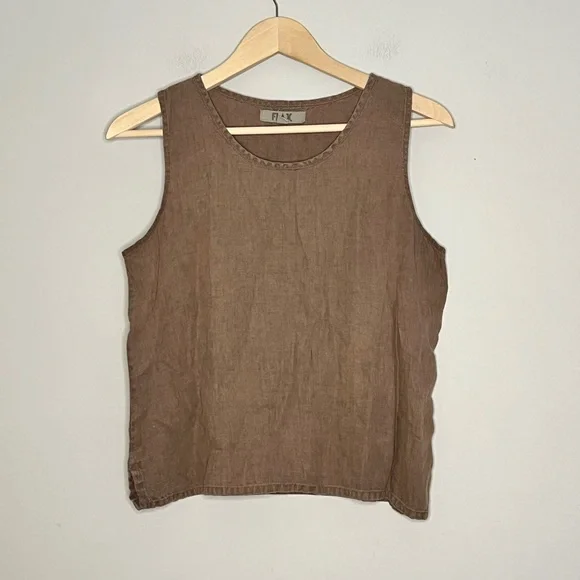 Flax by Jeanne Engelhart 100% Linen Sleeveless brown round neck top - Picture 4 of 9